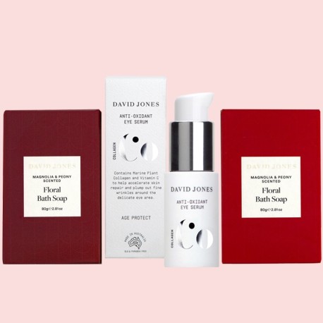 David Jones Skincare set Collagen Anti-Oxidant Eye Serum Beauty Magnolia & Peony Scented Floral Bath Soap