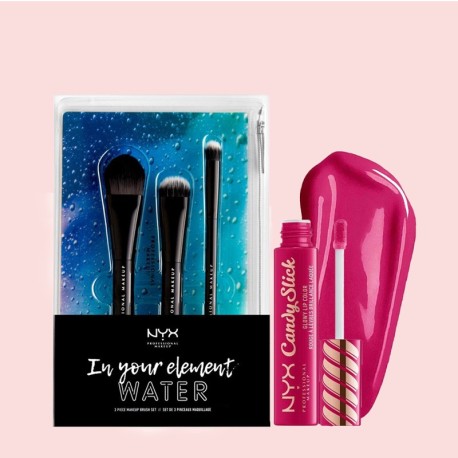 NYX In Your Element Water Makeup Brush Set 3pcs+1Pouch Lipstick NYX Candy Slick Glowy Lip Color 05 Jelly Bean Dream